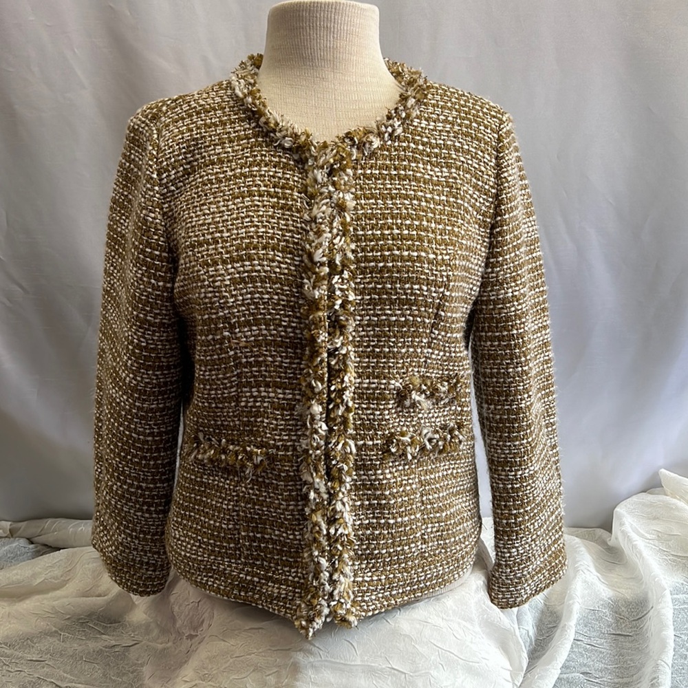 CAbi Phoebe Tweed Jacket 343 Metallic Boucle Gold Collarless Fringe Blazer Size